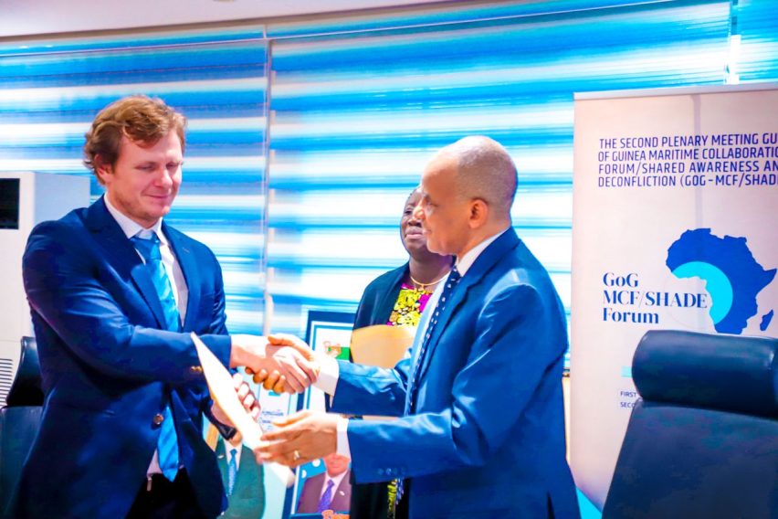 Director General, Nigerian Maritime Administration and Safety Agency, NIMASA, Dr. Bashir Jamoh, OFR (right) and Head of Sales, Sternula, Denmark, Jacob Weibrent during the signing of a Memorandum of Understanding (MoU) on full-scale Very High Frequency (VHF) Data Exchange System (VDES) space capabilities at the NIMASA headquarters in Lagos.