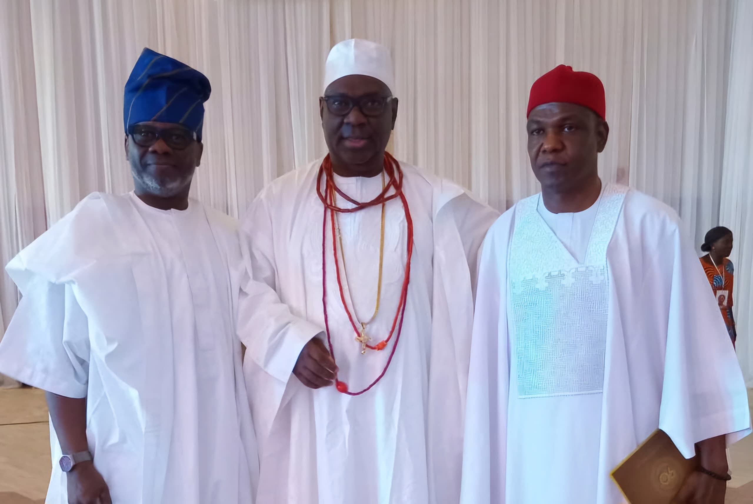 L-R: Secretary General, African Public Relations Association, Dr. Omoniyi Ibietan; the Olumobi of Imobi-Ijesa, Osun State, His Royal Highness, Dr. Adetayo Haastrup; and Deputy Inspector General of Police, Frank Mba, at the 90th birthday banquet in honour of former Nigerian Head of State, General Yakubu Gowon (retd), which took place at the State House Abuja on Saturday (19th October 2024)
