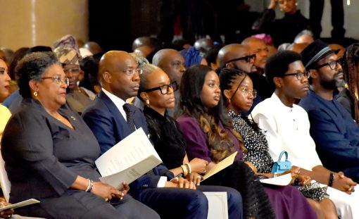 L-R: Mia Mottley, Prime Minister of Barbados; Aigboje Aig-Imoukhuede, Chairman, Access Holdings Plc, his wife Ofovwe; Tochi Wigwe; Hannah Wigwe, daughters of late Herbert Wigwe; David Wigwe, son, during the first year Memorial of late Herbert Wigwe, his wife Doreen, and son Chizi, held in Lagos...Sunday