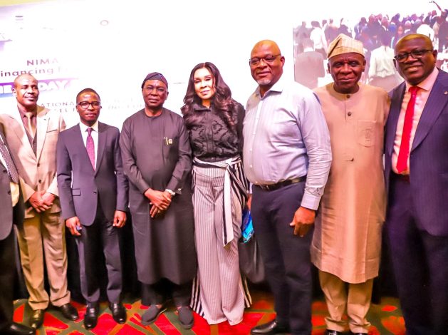 Director Cabotage Services, Nigerian Maritime Administration and safety Agency, NIMASA, Kabiru Murnai (left); Executive, Maritime Labour and Cabotage Services, NIMASA, Jibril Abba (2nd left); Director General, NIMASA, Dr Dayo Mobereola (3rd left); Former Director General, NIMASA, Temisan Omatseye (3rd right); Executive Director Operations, NIMASA, Engr Fatai Taiye Adeyemi (2nd right) and Director, Administration and Human Resources, NIMASA, Isichei Osamgbi (right) and a stakeholder during a Stakeholders Interactive Forum on the Operationalization of the Cabotage Vessel Financing Fund (CVFF) in Lagos.