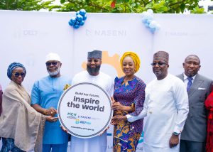 L-R: Permanent Secretary, Ministry of Women Affairs, Mrs. Maryam Chira Keshinro; Chairman, Senate Committee on NASENI, Sen. Francis Ezenwa Onyewuchi; EVC/CEO of NASENI, Mr. Khalil Suleiman Halilu; Mandate Secretary, Women Affairs Secretariat, FCTA, Dr. Adedayo Benjamins- Laniyi; Chairman of Presidential Implementation Committee on Technology Transfer, Dr. Mohammed Dahiru; and Executive Director, North and Public Sector, Fidelity Bank, Mr. Sufiyani Garba at the launch of DELT-Her proposal portal for female engineers at NASENI Headquarters, Abuja on Monday May 19, 2025.