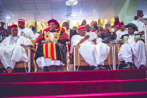 From left: Kano State deputy governor, Aminu Gwarzo; Kano State governor, Kabir Yusuf; former Kano State governor, Senator Rabiu Kwankwaso; and President/CE Dangote Group, Mr Aliko Dangote, at the Fifth Combined Convocation Ceremony and Investiture of Mr Dangote as Chancellor, Aliko Dangote University of Science and Technology, Wudil, Kano State, May 10, 2025.