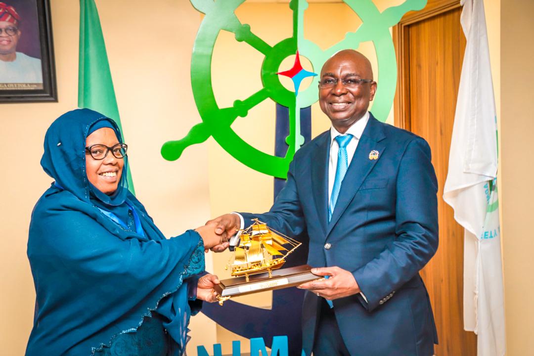 Director General, Nigerian Maritime Administration and Safety Agency, NIMASA, Dr Dayo Mobereola (right) presenting a souvenir to the Head of the Delegation/Vice Chairman of the Tanzania Shipping Agencies Corporation, TASAC, Rukia D. Shamte during a study visit by TASAC to the NIMASA headquarters in Lagos