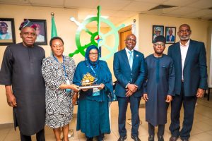 R-L: SA-DG, Nigerian Maritime Administration and Safety Agency, NIMASA, Olatunji Ahmed; Executive Director, Maritime Labour and Cabotage Services, NIMASA, Jibril Abba; Director General NIMASA, Dr Dayo Mobereola; Vice Chairman, Tanzania Shipping Agencies Corporation, TASAC, Rukia D. Shamte; Director, Maritime Safety, Security and Environmental Protection, TASAC, Leticia Mutaki and Executive Director Operations, NIMASA, Engr. Fatai Taiye Adeyemi during a study visit by TASAC to the NIMASA headquarters in Lagos