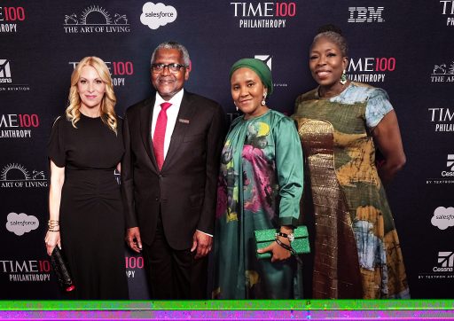 L-R: Chief Executive Officer, TIME, Jessica Sibley, President/CE, Dangote Industries Limited (DIL), Aliko Dangote, Group Executive Director, Commercial Operations (DIL), Fatima Aliko Dangote and Managing Director/CEO, Aliko Dangote Foundation, Zouera Youssoufou, attending TIME100 Impact Dinner, at One World Observatory in New York City.