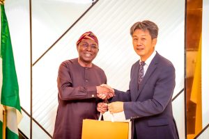 The Consul General of the Embassy of the Republic of Korea in Nigeria, Lee Sang-ho in a photograph with the Director General, Nigerian Maritime Administration and Safety Agency, NIMASA; Dr. Dayo Mobereola, during a courtesy visit by the Consul General to the headquarters of NIMASA in Lagos.