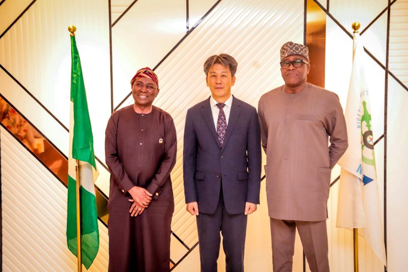 L-R: Director General, Nigerian Maritime Administration and Safety Agency, NIMASA; Dr. Dayo Mobereola, the Consul General of the Embassy of the Republic of Korea in Nigeria, Lee Sang-ho and the Executive Director, Finance and Administration, NIMASA, Mr. Chudi Offodile in a photograph during a courtesy visit by the Consul General to the headquarters of NIMASA in Lagos.
