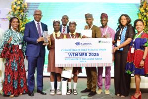 L-R: Co-President, Ashoka Africa, Angelou Ezeilo; Divisional Head, Product Development, Fidelity Bank Plc, Osita Ede; Team Lead, Retail Banking, Fidelity Bank Plc, Onyeka Kurume; Winners, Changemaker Idea Pitch-A-Thon, Abule-Eko Community Junior Grammar School Pupils, District 2, Ikorodu Lagos; their Teacher, Alabi Felix; Project Coach, Opeoluwa Jamiu; Branch Leader, Fidelity Bank Plc, Festac, Ethel Genesis; and Regional Director, Ashoka Anglophone, West Africa, Josephine Nzerem; at the Ashoka Young Changemakers Festival in Lagos recently.