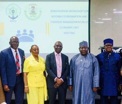L-T: Director, Administration and Human Resources, Nigerian Maritime Administration and Safety Agency, NIMASA, Isichei Osamgbi; Head, Reforms Coordination & Strategic Communication, NIMASA, Nonyelum Okeke-Egbuna; Director General, NIMASA, Dr Dayo Mobereola; Director General, Bureau of Public Service Reforms, BPSR, Dr. Dasuki Ibrahim Arabi and Director of Procurement, NIMASA, Otonye Obom during a two-day Sensitization Workshop on the Imperative of Organizational Reform in Lagos.