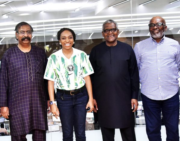L-R, Vice President, Oil and Gas, Dangote Industries Limited, Devakumar Edwin; Minister of Industry, Trade, and Investment, Dr. Jumoke Oduwole; President / CE, Dangote Industries Limited, Aliko Dangote; Chief executive officer of Independent Project Monitoring Company Limited (IPMC), Robert Ade-Odiachi; During the Minister Visit to Dangote petroleum Refinery and fertiliser plant Lekki Lagos on Saturday July 26, 2025.