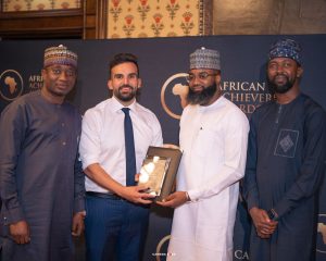 L-R: Founder, Startup Arewa, Mohammed Jega; Deputy Mayor of London for Environment and Energy Mete Coban; Executive Vice Chairman/CEO, National Agency for Science and Engineering Infrastructure (NASENI), Khalil Suleiman Halilu; and Special Adviser to the EVC on Commercialization, Engr. Anas Balarabe during the presentation of the prestigious African Achievers Award to Halilu at the House of Lords, UK Parliament recently.