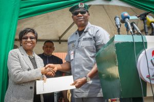 CGC Adewale Bashir Adeniyi and NAFDAC, DG Prof. Mojisola Adeyeye at the handover of 16 containers of Illicit drugs seized at Onne Port