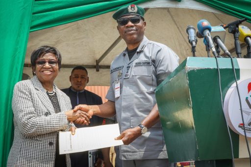 CGC Adewale Bashir Adeniyi and NAFDAC, DG Prof. Mojisola Adeyeye at the handover of 16 containers of Illicit drugs seized at Onne Port