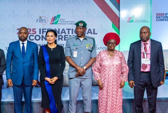 From Left : Chairman, Federal Inland Revenue Service (FIRS), Zacch Adedeji ; Minister of state for finance, Dr. Doris Anite-Uzoka; Comptroller General of the Nigeria Customs Service, Bashir Adeniyi,; Member of Thabo Mbeki panel on Illicit financial flows, Honourable Irene Ovonji-OOdida; and HONOURBALE IRENE FIRS coordinating Director, proceeds of crime management and IFF, Professor Bolaji Owasanoye at the opening of a two-day national conference on IFFs held at Transcorp Hilton, Abuja on Tuesday. Photo credit: FIRS