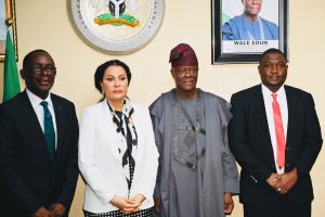 Minister of Finance and Coordinating Minister of the Economy, Mr. Wale Edun (3rd left) and the Minister of State for Finance, Dr. Doris Uzoka-Anite pose for a group photo with the newly appointed MD/CEO Nigeria Deposit Insurance Corporation (NDIC), Mr. Thompson Oludare Sunday (1st left) and Executive Director (Operations) NDIC, Dr. Kabir Sabo Katata (1st right) during their inauguration as the new NDIC Management by the Honourable Minister in Abuja.