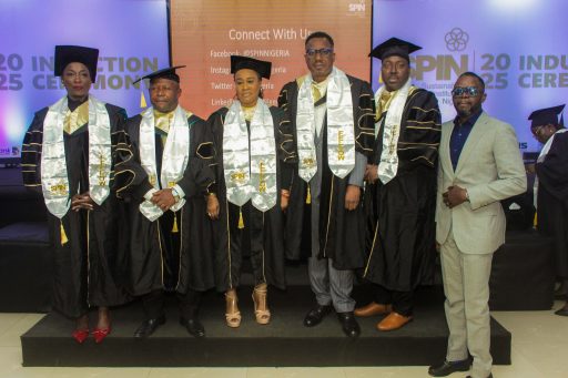 L-R: Ms. Kemi Sokenu-Morris, Chair, Executive Council, SPIN; Eustace Onuegbu, Vice Chair, Executive Council, SPIN; Ini Abimbola, Vice President and Trustee, SPIN; Ismail Omamegbe, Director, Advocacy and Stakeholder Relations, SPIN; Dr. Akinkunle Akiode, Executive Committee Member (Finance), SPIN; Dr. Bankole Alibay, CEO, Transatlantic Development Ltd and Moderator, at the 5th Induction Ceremony of the Sustainability Professionals Institute of Nigeria (SPIN), held on June 26, 2025, in Lagos.