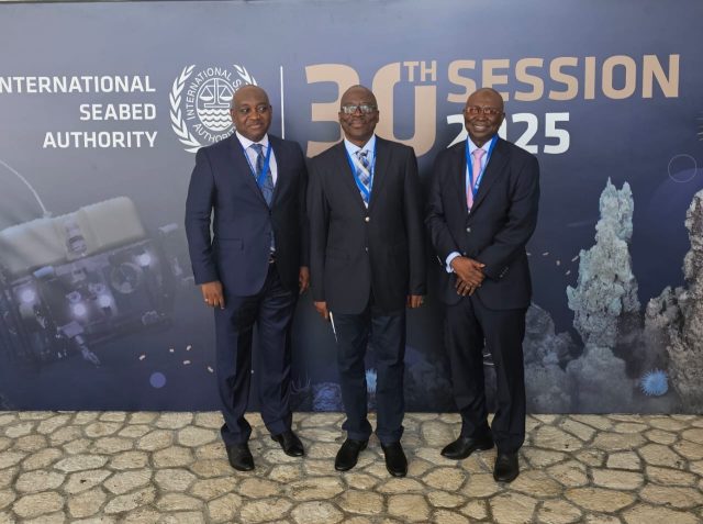 R-L: Director General, Nigerian Maritime Administration and Safety Agency, NIMASA, Dr Dayo Mobereola; Permanent Secretary, Federal Ministry of Marine and Blue Economy, Olufemi Oloruntola and Director, Maritime Safety and Security, FM MBE, Babatunde Bombata during the 30th Session of the International Seabed Authority in Kingston, Jamaica