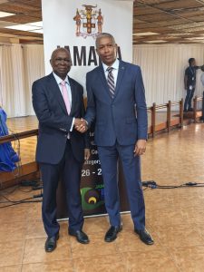 Director General, Nigerian Maritime Administration and Safety Agency, NIMASA, Dr Dayo Mobereola in a handshake  with the Director General, Maritime Authority of Jamaica, Bertrand Smith during the 30th Session of the International Seabed Authority in Kingston, Jamaica where Nigeria intensified her campaign for election in to the IMO council