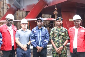 L-R: Sales Officer, Nigerdock, David Danladi;Country Director, HLSI Nigeria, Tal Spekto; Director General NIMASA, Dr. Dayo Mobereola; Commander Deep Blue Task Group, Navy Captain Levi Dashe Deyin and Managing Director, Snake Island Integrated Free Zone (SIIFZ), Semiu Akorede during an inspection visit by the NIMASA DG to Nigerdock at Snake Island integrated Free Zone, Lagos