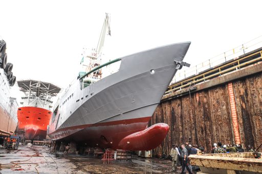 NIMASA Deep Blue Vessel - DB Lagos in the dock at Nigerdock at Snake Island integrated Free Zone during an inspection visit by DG NIMASA, Dr Dayo Mobereola in Lagos