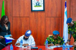 L-R: Executive Vice Chairman/CEO, National Agency for Science and Engineering Infrastructure (NASENI), Mr. Khalil Suleiman Halilu and Chief of Air Staff, Nigerian Air Force, Air Marshal Hasan Bala Abubakar signing an memorandum of understanding (MoU) to renew partnership to drive Indigenous defense technologies development at the Agency’s headquarters in Abuja on Friday, July 25, 2025.