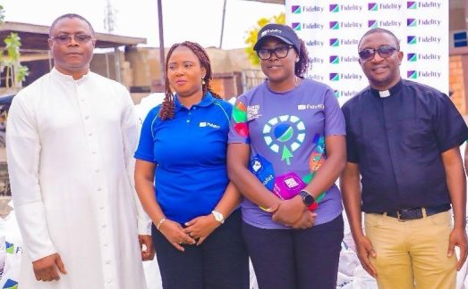 L-R: Church Administrator, St. Patrick Catholic Church, Ado-Ekiti, Reverend Benedict Joseph; The Branch Leader, Fidelity Bank Plc, Ado-Ekiti, Mrs. Ikeolu Akinropo; Team Lead CSR, Fidelity Bank Plc, Victoria Abuka; and Fidelity Food Bank Partner, Reverend Michael Domingo, at the Fidelity Food Bank distribution event held in Ekiti recently.