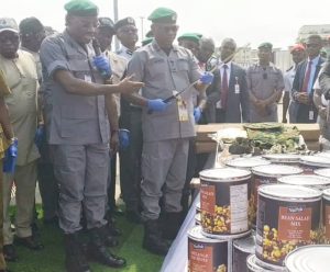 R-L : CGC of customs,Bashir Adewale Adeniyi MFR and Apapa Area controller, Comptroller Babatunde OLomu, and CAC Tin can port command, Comptroller Frank Onyeka, at the briefing today at APMT terminal loading bay Apapa, Lagos