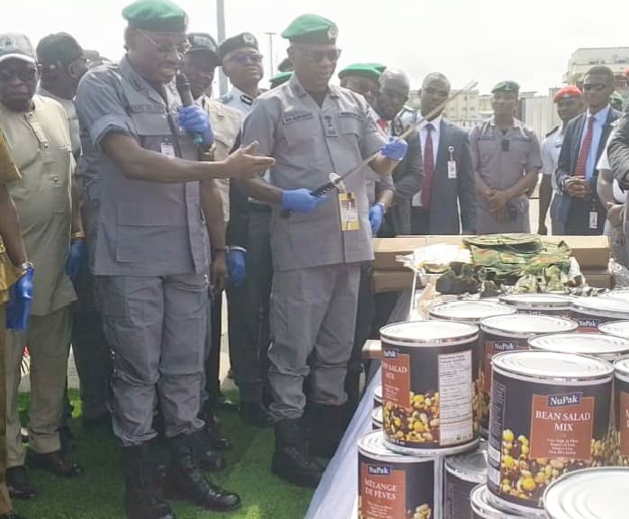R-L : CGC of customs,Bashir Adewale Adeniyi MFR and Apapa Area controller, Comptroller Babatunde OLomu, and CAC Tin can port command, Comptroller Frank Onyeka, at the briefing today at APMT terminal loading bay Apapa, Lagos