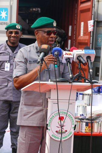 Comptroller General of Customs (CGC), Adewale Adeniyi, during a press briefing in Lagos, at Apapa Area Command, on Monday, 11 August 2025.