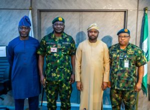From left to right, Major General Olufemi Akinjobi (retd); Chief of Defence Staff, General Christopher Musa; chairman, Federal Inland Revenue Service, Zacch Adedeji; and Air Vice Marshall Precious Nnamdi Amadi, during a visit to the FIRS chairman at the Revenue House in Abuja, on Wednesday