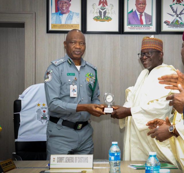L-R: Comptroller General of Customs, Adewale Adeniyi receiving the newly elected National President of NACCIMA, Jani Ibrahim, and his management team at the Customs Headquarters in Maitama, Abuja on Thursday, 21 August 2025.