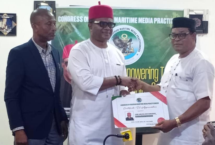 L-R: President, CONMMEP, Udo Onyeka, Deputy National President, NAGAFF, Dr. Afam Chukwuma and the immediate Past President of CONMMEP, Alhaji Tunde Umar st the CONMMEP monthly Forum in August 2025