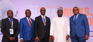 L-R: Registrar/CEO, Chartered Risk Management Institute of Nigeria (CRMI), Victor Olannye; Permanent Secretary, Special Duties, Federal Ministry of Finance, Raymond Omachi; Executive Director/Chief Risk Officer, Fidelity Bank Plc and President/Chairman of Council, CRMI, Kevin Ugwuoke; Technical Adviser to the President on Economic and Financial Inclusion, Nurudeen Abubakar Zauro; and Director, Risk Management, Central Bank of Nigeria (CBN), Blaise Ijebor; at the CRMI 24th Annual International Conference in Lagos recently.