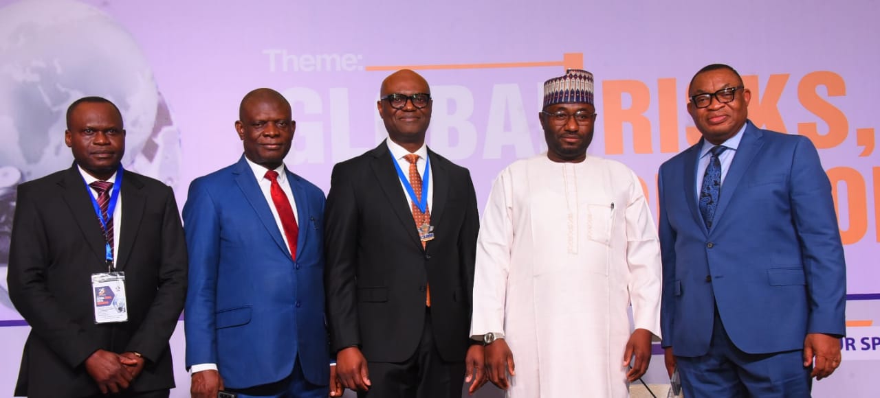 L-R: Registrar/CEO, Chartered Risk Management Institute of Nigeria (CRMI), Victor Olannye; Permanent Secretary, Special Duties, Federal Ministry of Finance, Raymond Omachi; Executive Director/Chief Risk Officer, Fidelity Bank Plc and President/Chairman of Council, CRMI, Kevin Ugwuoke; Technical Adviser to the President on Economic and Financial Inclusion, Nurudeen Abubakar Zauro; and Director, Risk Management, Central Bank of Nigeria (CBN), Blaise Ijebor; at the CRMI 24th Annual International Conference in Lagos recently.