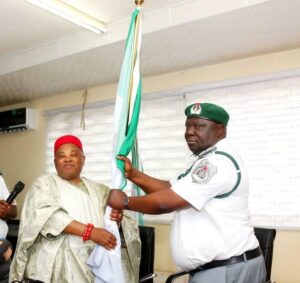 ACG Oramalugo (L) hands over to Comptroller Wale Adenuga at Seme Customs Command
