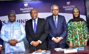 L-R: Group Chairman, NGX Group, Alhaji (Dr.) Umaru Kwairanga ; Chairman, Dangote Cement Plc, Emmanuel Ikazoboh; Managing Director/CEO, Dangote Cement Plc, Arvind Pathak:; Board Member, Dangote Cement Plc, Mariya Dangote; during the introduction of the Dangote Cement Plc new Board Chairman and Directors to the floor of the NGX Stock Exchange, Lagos on Wednesday 10th September, 2025 