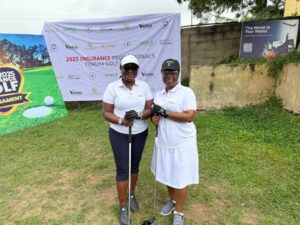 Funmi Omo, MD CEO, Prudential Zenith Life Insurance (left), and The Chartered Insurance Institute of Nigeria CIIN President, Mrs. Yetunde Ilori, at the Kick off Golf kitty. competition.