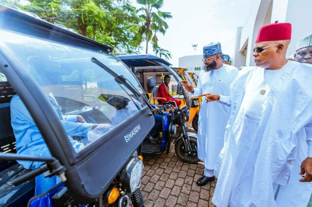 From Right: Vice President Kashim Shettima and Executive Vice Chairman, National Agency for Science and Engineering Infrastructure (NASENI), Khalil Suleiman Halilu and Governor of Delta State, Rt. Hon. Sheriff F. O. Oborevwor inspecting the Agency’s electric tricycles during the 152nd meeting of the National Economic Council (NEC) held at the P residential Villa, Abuja on Thursday, September 18, 2025.