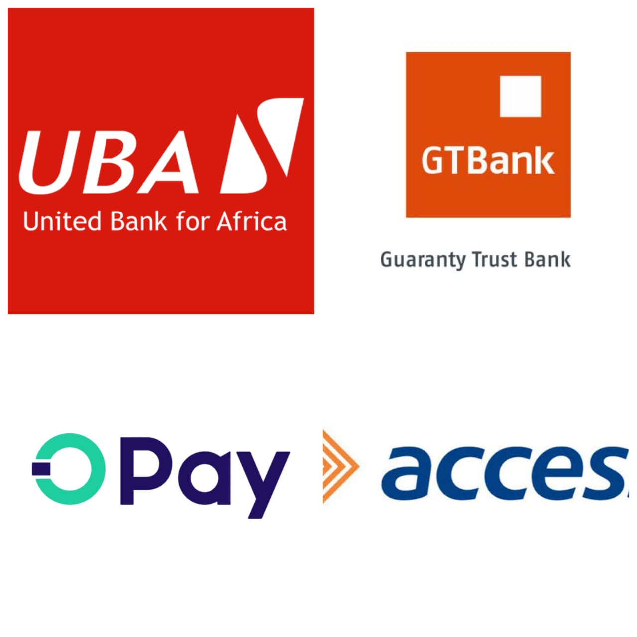 UBA, GTB, Opay and Access Bank logos