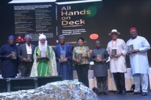 Former Governor of Ekiti State Mr. Kayode Fayemi, Managing Director News Central TV Mr. Kayode Akinfemi, Emir of Kano Muhammadu Sanusi 11, Co-ordinating Minister for the Economy and Minister of Finance Mr. Wale Edun, Founder Oxford Global Think Tank Arunma Oteh, Governor of Abia State Dr. Aledx Otti, Founder Stanbic IBTC Bank Plc Atedo Peterside and Former Senate President Anyim Pius Anyim, during the Oxford Global Think Tank Leadership conference in Abuja, Tuesday.