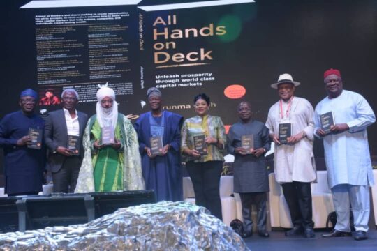 Former Governor of Ekiti State Mr. Kayode Fayemi, Managing Director News Central TV Mr. Kayode Akinfemi, Emir of Kano Muhammadu Sanusi 11, Co-ordinating Minister for the Economy and Minister of Finance Mr. Wale Edun, Founder Oxford Global Think Tank Arunma Oteh, Governor of Abia State Dr. Aledx Otti, Founder Stanbic IBTC Bank Plc Atedo Peterside and Former Senate President Anyim Pius Anyim, during the Oxford Global Think Tank Leadership conference in Abuja, Tuesday.