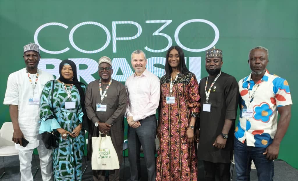 L-R: Assistant Director, Marine Environment Management, MEM, Nigerian Maritime Administration and Safety Agency, NIMASA, Abari Ahmed Mohammed; Representative, Federal Ministry of Marine and Blue Economy, FMMBE, Maryam Kangiwa; Deputy Director, MEM, Kabiru Bello; Secretary General, International Maritime Organization, IMO, H.E. Arsenio Dominguez; Director MEM, Dr. Oma Ofodile; Assistant Chief, MEM, Engr. Moshood Taiwo and Dr Ikpi Akpama of FMMBE during the 2025 UN Climate Change Conference (UNFCCC COP 30) in Brazil.