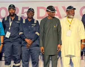 R-L: President-General of the Maritime Workers’Union of Nigeria (MWUN), Comrade Francis Bunu; Rep of the Minister of Labour and Employment, Mr. Emmanuel Nosakhare Igbinosun; Representation of the Minister of Marine and Blue Economy, Dr. Dayo Mobereola (DG, NIMASA) and Executive Director, Engineering & Technical Services, Nigeria Ports Authority, NPA, Engr. Ibrahim Abba Umar during the 2025 Day of the Dockworker Celebration in Lagos. 
