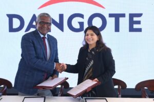 EIL SIGNING: President and Chief Executive, Dangote Industries Limited, Aliko Dangote with Chairman and Managing Director of Engineers India Limited, Vartika Shukla, after signing a partnership agreement in India on Wednesday, November 26, 2025.