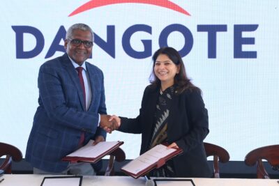 EIL SIGNING: President and Chief Executive, Dangote Industries Limited, Aliko Dangote with Chairman and Managing Director of Engineers India Limited, Vartika Shukla, after signing a partnership agreement in India on Wednesday, November 26, 2025.