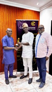 L-R: Mr. Charles Onwuatogwu, President, Finance and Business Online Publishers (FiBOP) Association; Mr. Stephen Alangbo, GMD/CEO Cornerstone Insurance and Divisional Head, Institutional Business, Mr. Charles Nwachukwu.