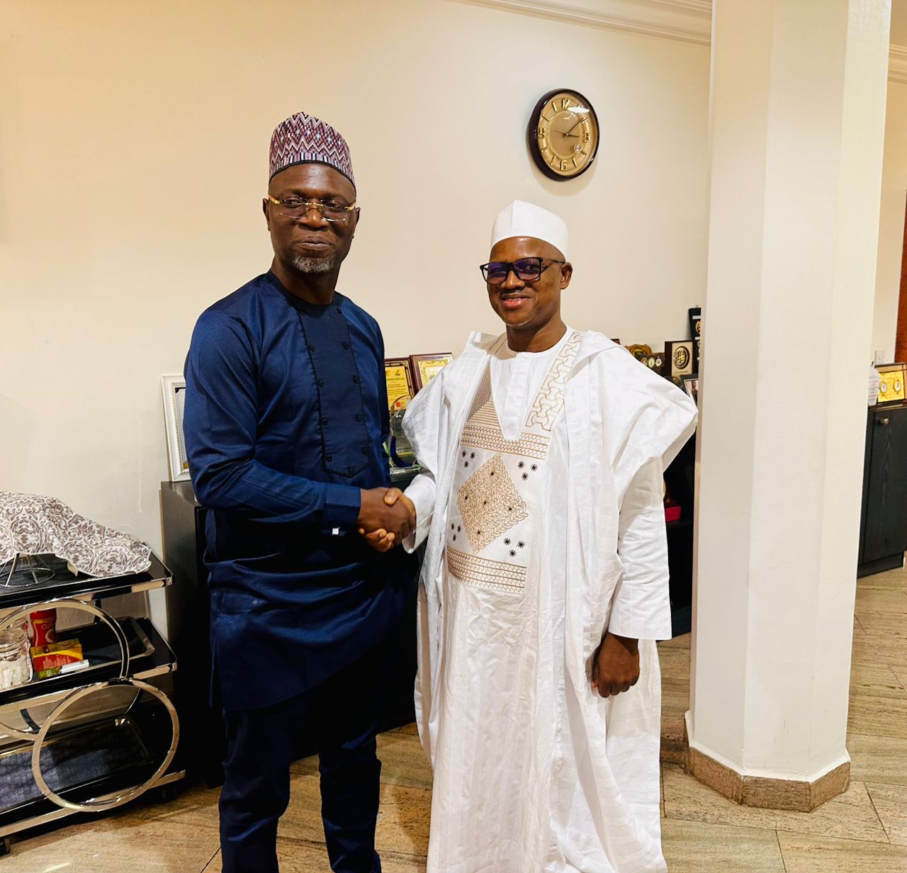 Left to Right:Director General, Securities and Exchange Commission (SEC), Dr Emomotimi Agama and Managing Director/Chief Executive Officer of the Federal Mortgage Bank of Nigeria (FMBN), Shehu Usman Osidi, during a meeting in Abuja, Friday, November 14, 2025.