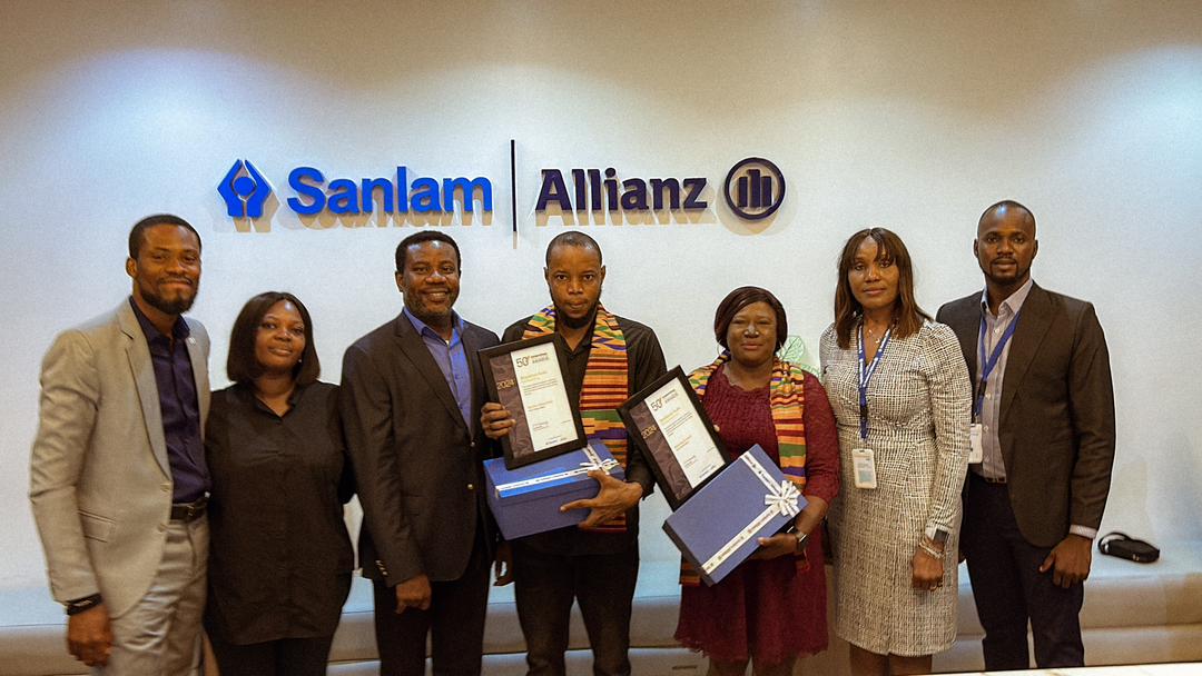 L-R: Chris Ekwonwa, Group Head, Strategy, Marketing and Customer Relations; Abimbola Lawson, Head, Legal and Compliance; Tunde Mimiko, MD/CEO, all of SanlamAllianz Nigeria; Destiny Onyemihia and Blessing Enebeli, both of Voice of Nigeria; Juliet Ajiboye, Head, Technical; and Bankole Banjo, Marketing and Corporate Communications Manager, SanlamAllianz Nigeria