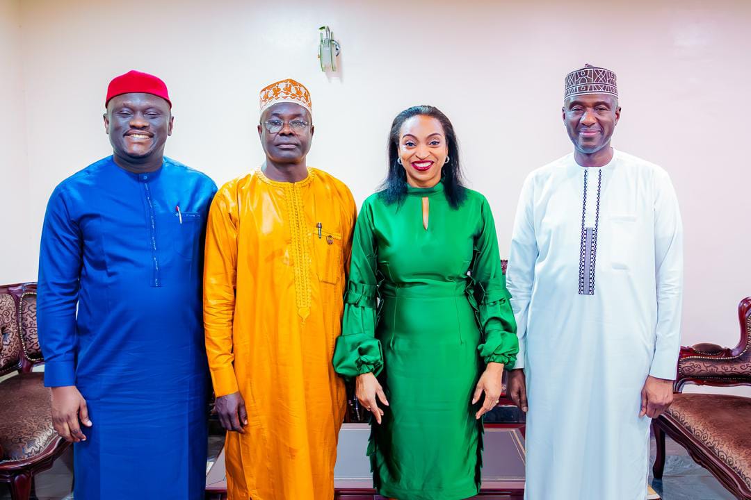 DG/CEO SON, Dr. Ifeanyi Chukwunonso Okeke; Hon. Yahuza Ado Inuwa, Chairman, SON Standards Council; Dr. Jumoke Oduwole, Honourable Minister, Federal Ministry of Industry, Trade and Investment; and Amb. Nura Abba Rimi, Permanent Secretary, Federal Ministry of Industry, Trade and Investment (FMITI), during a courtesy visit of the DG and Council Chairman to the Honourable Minister of FMITI.