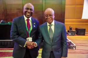 Director General, Nigerian Maritime Administration and Safety Agency (NIMASA), Dr Dayo Mobereola congratulating the Hon. Minister of Marine and Blue Economy, H.E. Adegboyega Oyetola, CON (right) on Nigeria’s election into the Council of the International Maritime Organization’s (IMO) Council Elections in London.